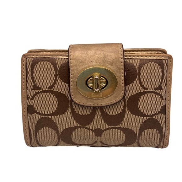 COACH Brown Gold Signature Canvas Medium Wallet - Picture 1 of 9